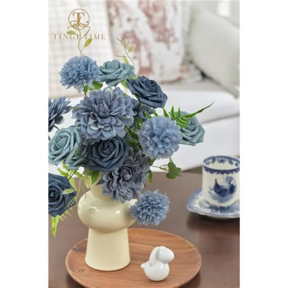 Dusty Blue Artificial Roses Combo Box Fake Flowers for Wedding Bouquets Centerpi